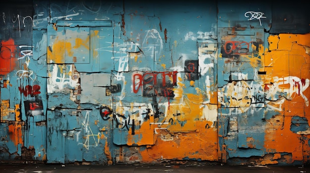 Foto un muro di mattoni coperto di graffiti con parole e simboli in una varietà di colori tra cui blu arancione
