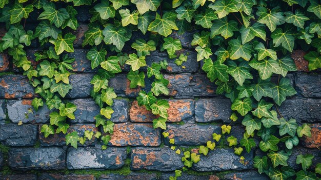 Photo brick wall covered in green leaves