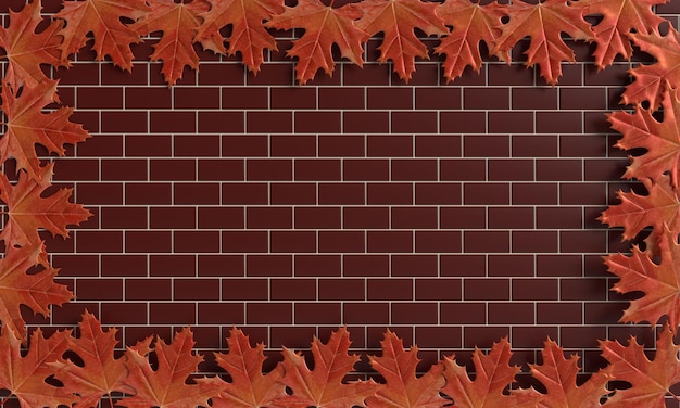 Brick wall grunge pattern texture concreate brown orange red color empty maple leaf plant fall of a
