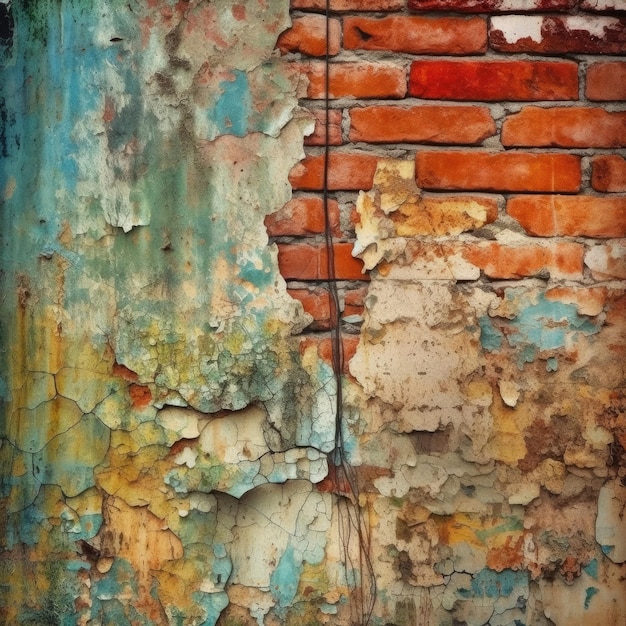 The brick wall has peeling paint and looks weathered Generative AI