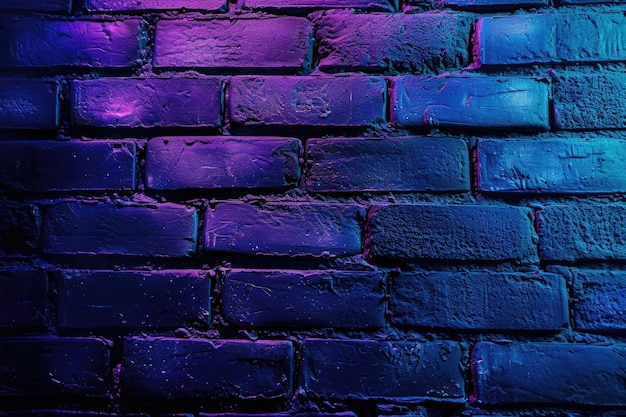 ハイパーブルーネオン色で照らされたレンガの壁