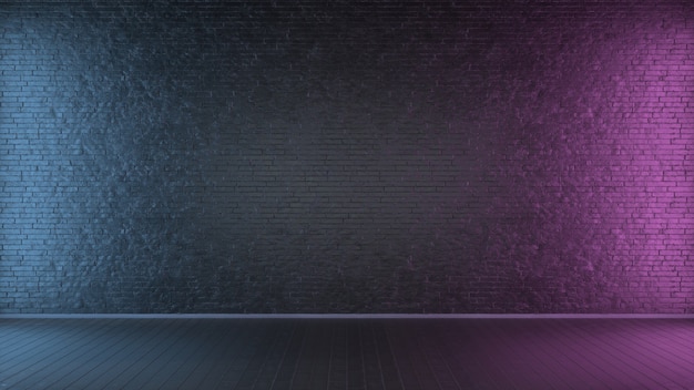 Photo brick wall, neon light. 3d illustration.