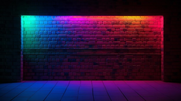 A Brick Wall Room with Neon Colored Light Generative ai