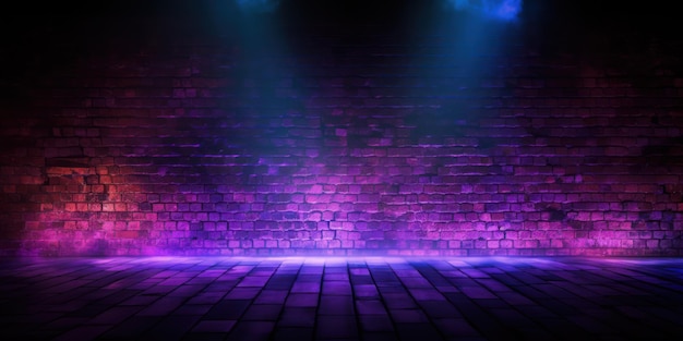 Brick wall texture pattern blue and purple background an empty dark scene laser beams neon spotlights reflection on the floor and a studio room with smoke floating up for display products