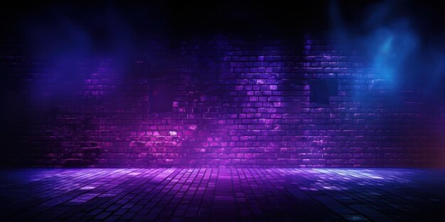 Brick wall texture pattern blue and purple background an empty dark scene laser beams neon spotlights reflection on the floor and a studio room with smoke floating up for display products