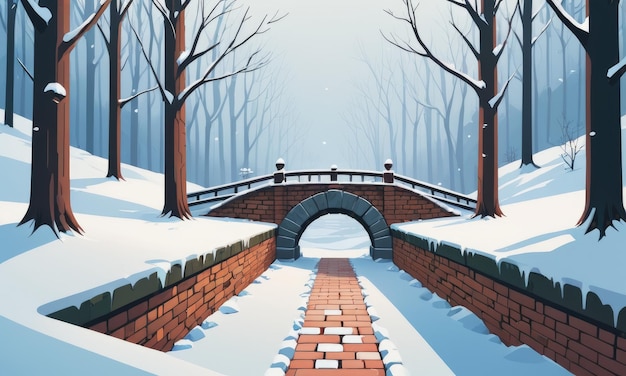 Brick wall in winter forest vector background frozen garden with stone viaduct or bridge