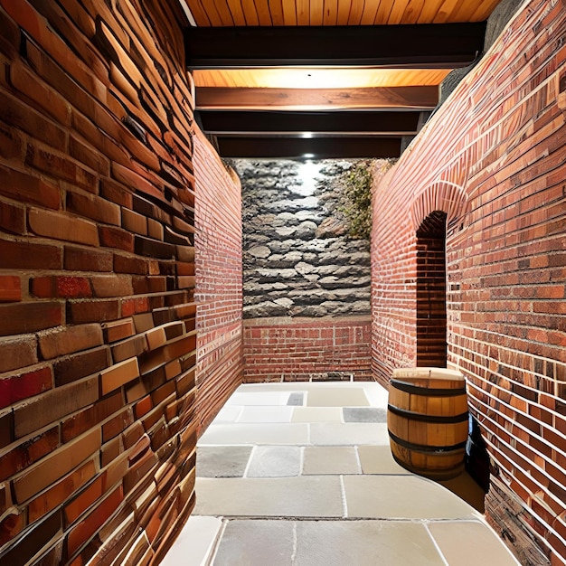 A brick wall with a barrel and a brick wall on the left side.