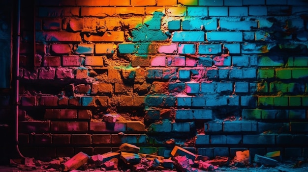 A brick wall with a blue and orange light on it