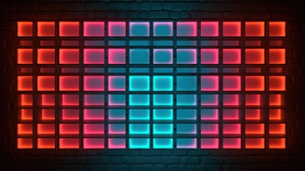 A brick wall with a blue and red light display on it.