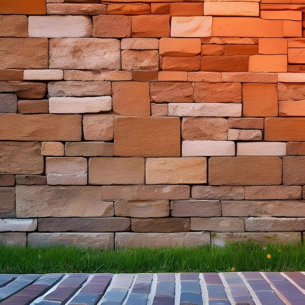 A brick wall with a brick wall and a green grass in the foreground.