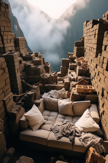 a brick wall with a bunch of pillows and a cloudy sky