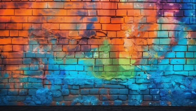 A brick wall with a colorful paint splashing on it.