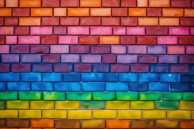 A brick wall with the colors of the rainbow.