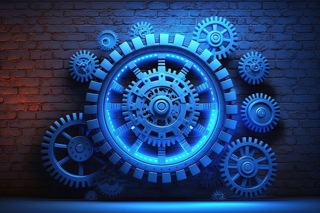 Brick wall with gears and blue neon light Generative AI