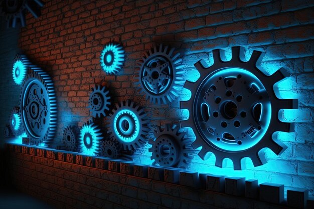 Brick wall with gears and blue neon light Generative AI