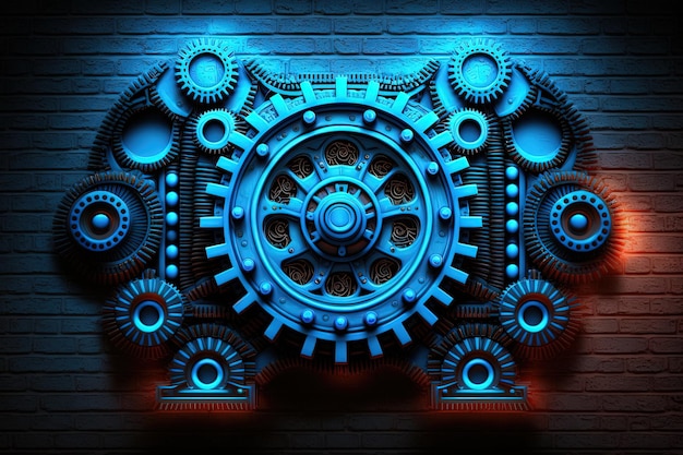 Photo brick wall with gears and blue neon light generative ai