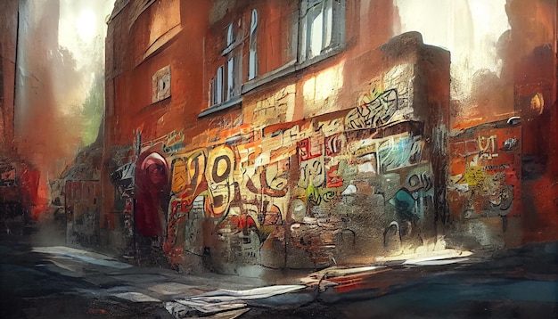 Кирпичная стена с граффити старой фабрикой красного кирпича