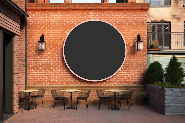 大きな黒板と「カフェ」と書かれた看板のあるレンガの壁