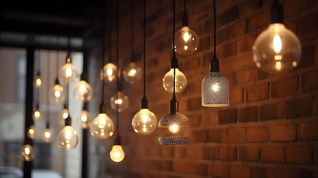 A brick wall with lights hanging from the ceiling