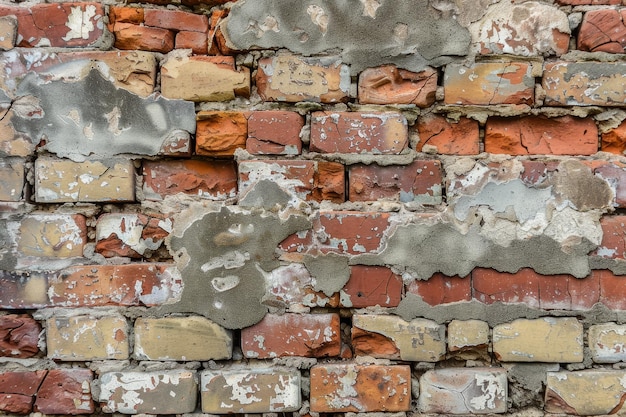 A brick wall with a lot of cracks and peeling paint