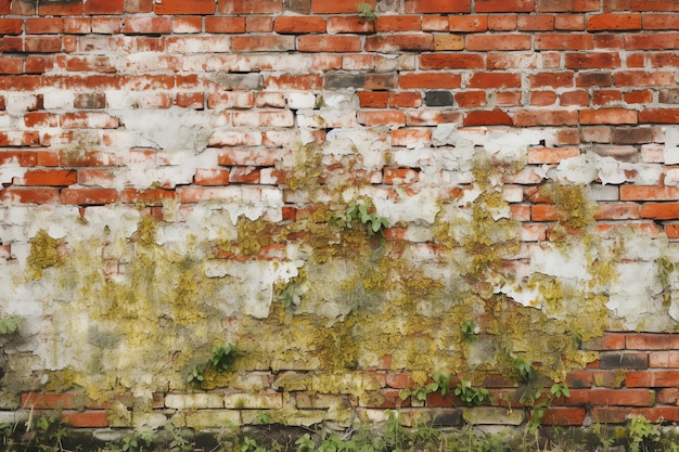 A brick wall with moss growing on it