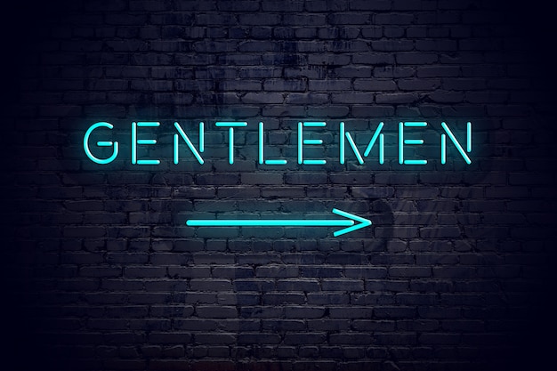 Brick wall with neon arrow and sign gentlemen.