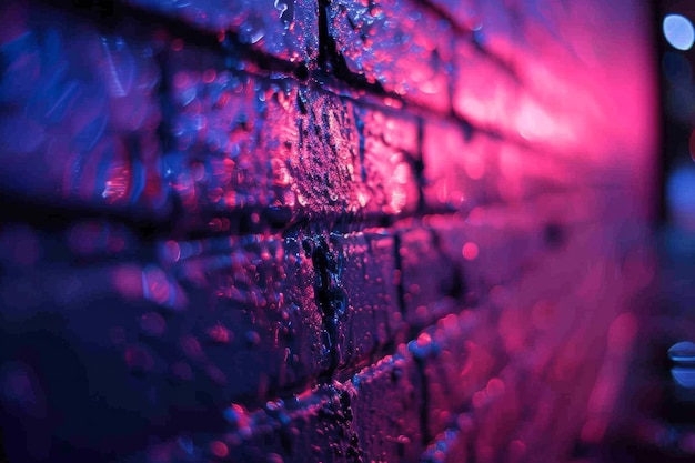 A brick wall with a pink hue and a blurry background neon lights the wall appears to be wet and has