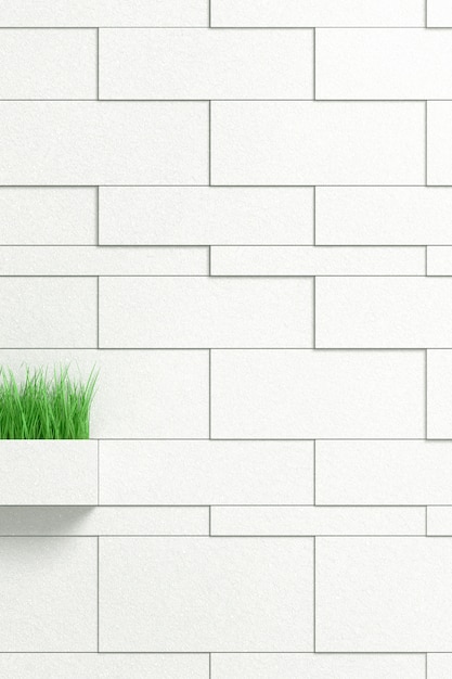 Brick wall with a pot in the shape of a rectangle and green vegetation