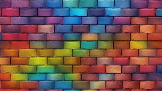 A brick wall with a rainbow pattern.