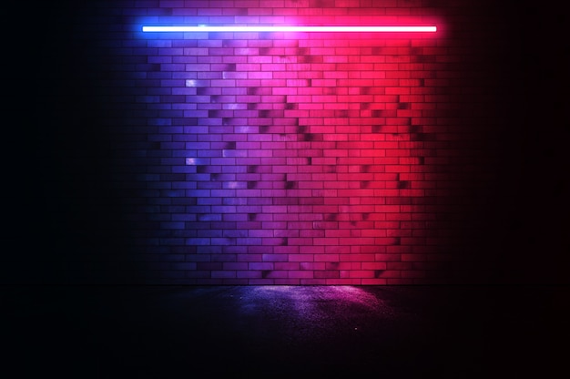 Brick wall  with reflection and  neon blue light