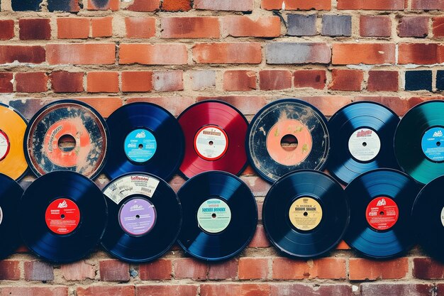 Photo brick wall with retro vinyl records