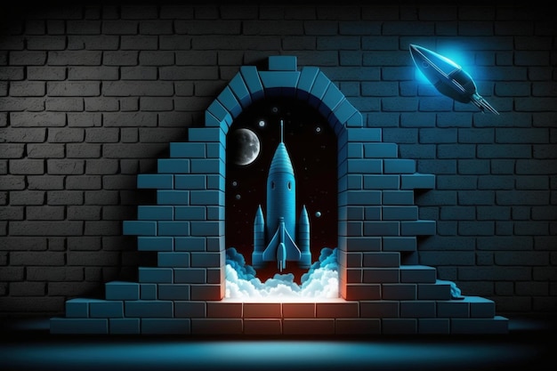 A brick wall with a rocket coming out of it.