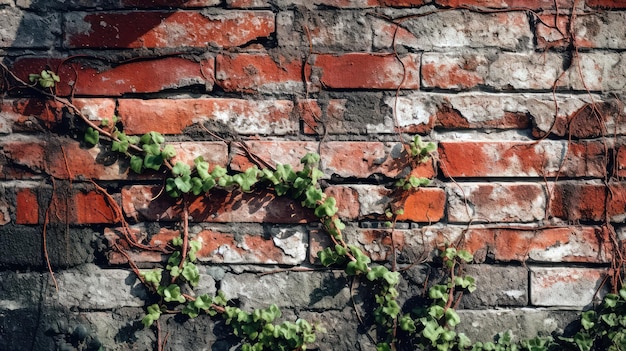 Foto un muro di mattoni con viti che crescono su di esso