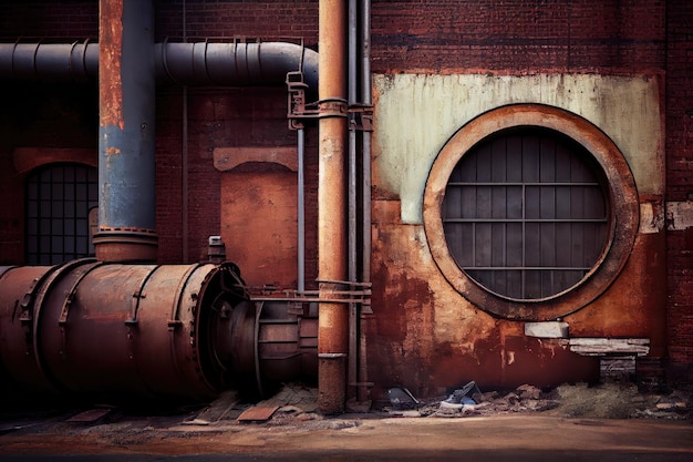 A brick wall with a weathered and worn texture against an industrial landscape of metal pipes and machinery