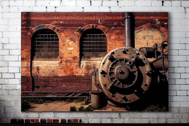 A brick wall with a weathered and worn texture against an industrial landscape of metal pipes and machinery