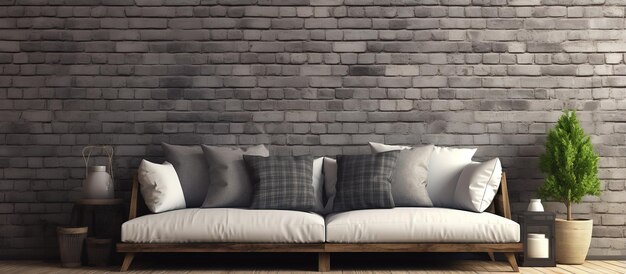 A brick wall with a wooden floor plaid and pillow framed above the sofa