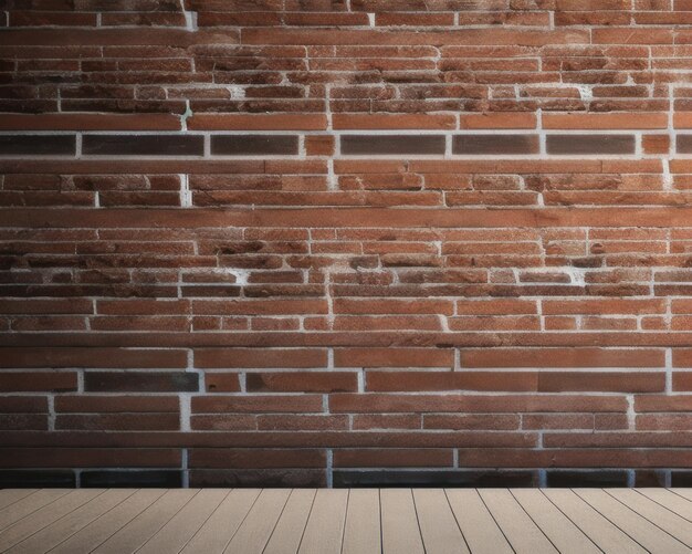 A brick wall with a wooden floor and a wooden floor