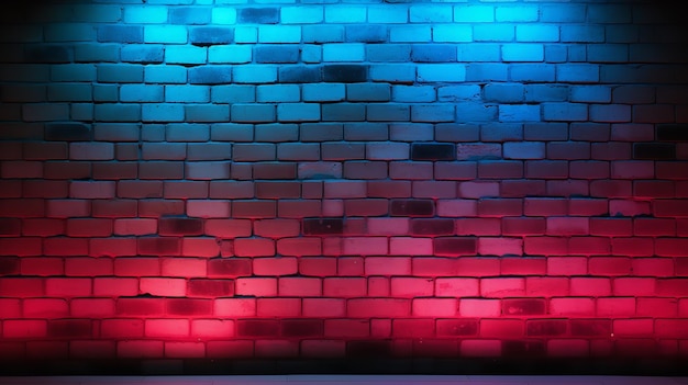 Кирпичные стены с красной и синей неоновой подсветкой. Генеративный ИИ.