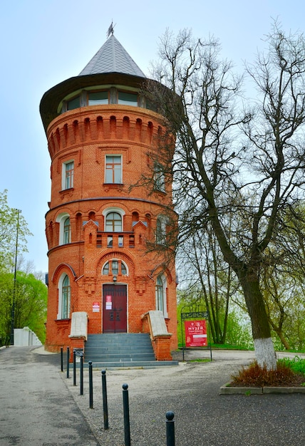 Brick water tower in spring