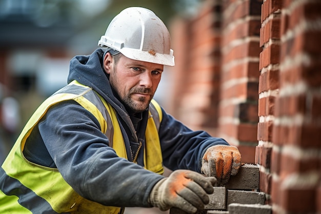 Bricklayer bouwt een bakstenen muur 8k Portretfotografie Diepte van het veld ongelooflijk gedetailleerd b