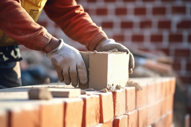 Bricklayer carefully placing brick on wall