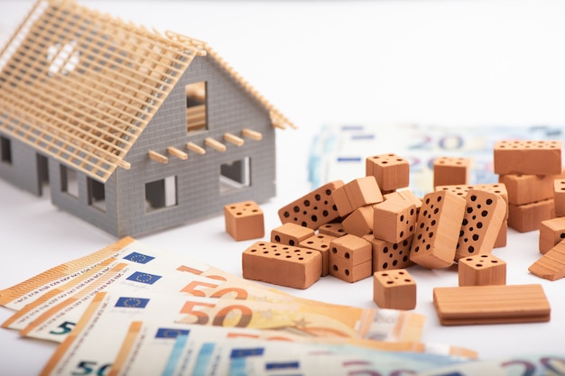 Кирпичи и модель дома на деньги евро