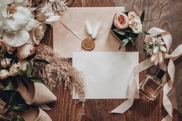 Bridal accessories such as shoes bouquet ring and perfume lie on a table