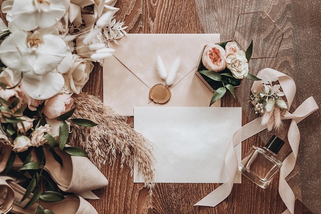 Foto gli accessori da sposa come l'anello del bouquet di scarpe e il profumo giacciono su un tavolo