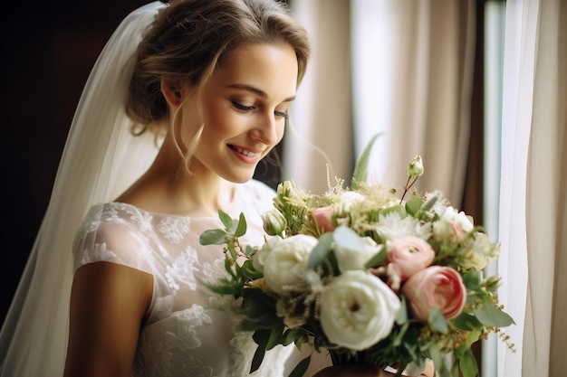 Foto la fioritura della sposa guarda il bouquet