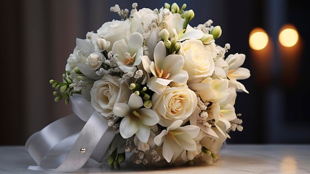 a bridal bouquet is adorned with white roses