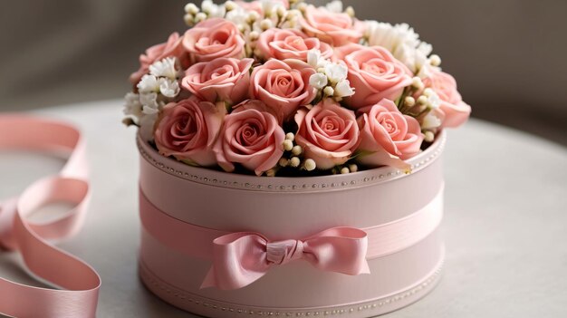 Bridal bouquet of pink roses in a gift box on the table