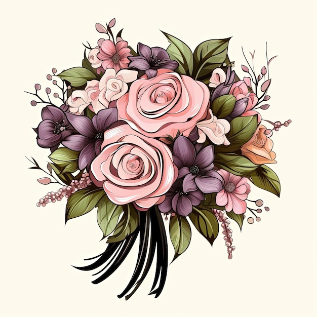 Foto simbolo del bouquet di sposa a matita o illustratore in stile viola chiaro e nero