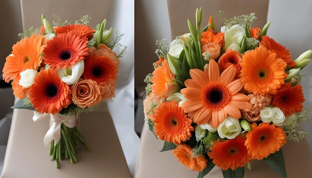 a bridal bouquet with orange flowers and white flowers