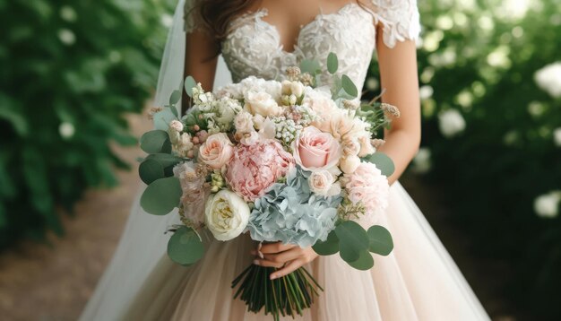 Bridal bouquet with pastel roses and blue flowers in a romantic setting